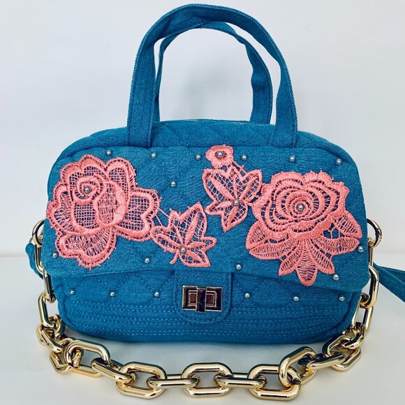 Garell Blue Quilted Denim Backpack HandEmbellished with Crown Design Fashion Bag - Picture 1 of 5